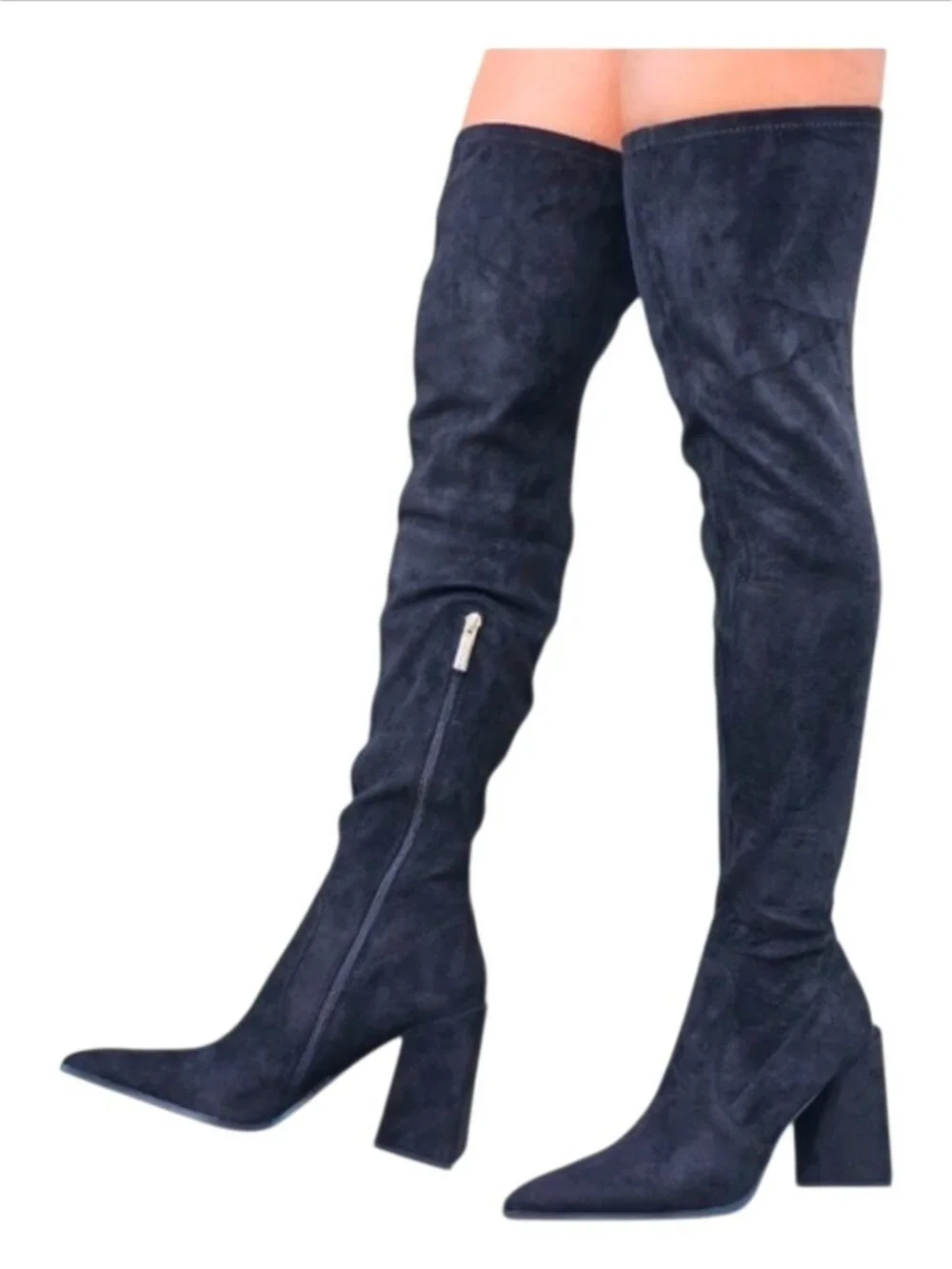 Over-The-Knee Black Faux Suede Heeled Boots With Side Zipper & Pointed Toe Women